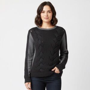 DKNY Mixed-Media Wool Blend Black & Grey Cable Knit Sweater Size Medium